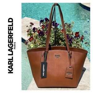 Karl Lagerfeld PARIS Large Leather Tote in Saddle SN L-Suk/LH5A1009. NWT